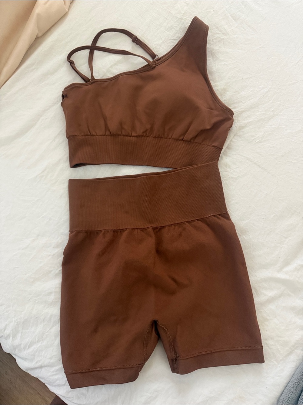 Women’s Brown High-Waist Biker Shorts & Asymmetric Sports Bra Set